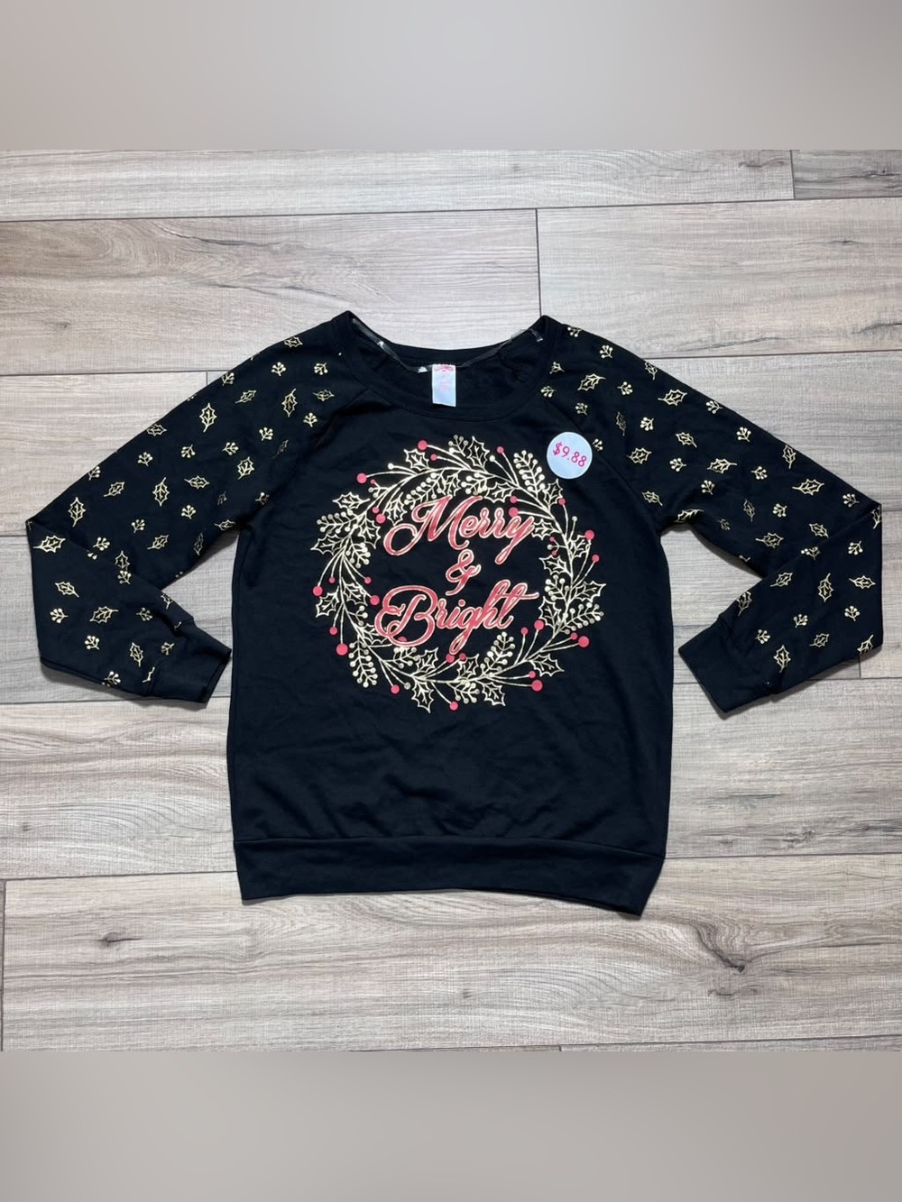 Holiday Time Juniors Merry And Bright Graphic Long Sleeve Top M (7-9) Black